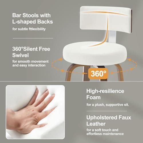 Bekrvio Swivel Counter Height Bar Stools Set of 3, Faux Leather Kitchen Stools Upholstered Barstools with Back, Walnut Wood Legs, Mid Century Island Chairs Counter Stools, 26" Seat Height, White