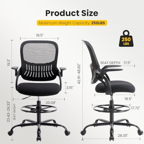 Sweetcrispy Tall Drafting Desk Chair - Ergonomic High Stool Computer with Adjustable Height and Comfy Lumbar Support, Office Rolling Counter with Flip-up Arm and Footrest, Black