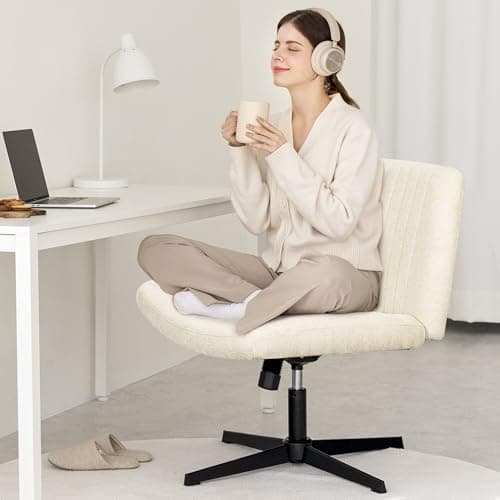 Orange Factory Criss Cross Chair No Wheel Wide Cross Legged Office Desk Vanity Chair Comfy Fabric Armless Adjustable Swivel for Home Computer Task (Beige No Wheel, Classic Fabric)
