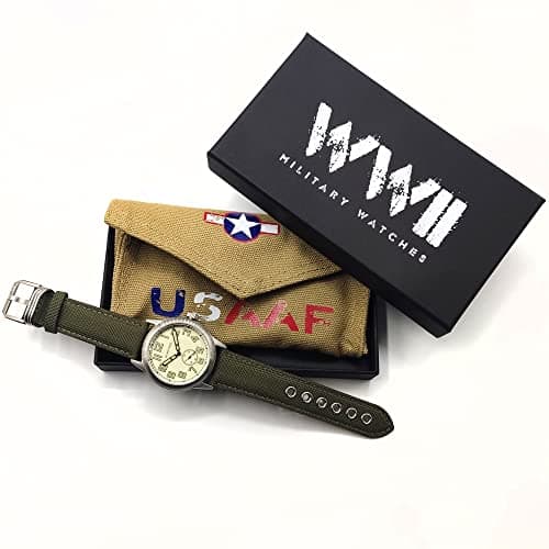 WTI WORLD TIME INTERNATIONAL WARTIME | WW2 Military Watch – Vintage USAAF Watch, Swiss-Quartz Movement with Canvas strap and leather lining, 10 ATM Water Resistant. The Perfect WW2 Memorabilia. Mens Watches for Ever