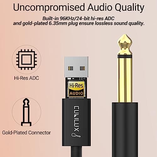 Cubilux Guitar to USB A Cable, USB to 6.35mm (1/4') TS Mono Line-in Cord for Bass/Electronic Piano/Drums, Instrument to Laptop PC, 6 FT
