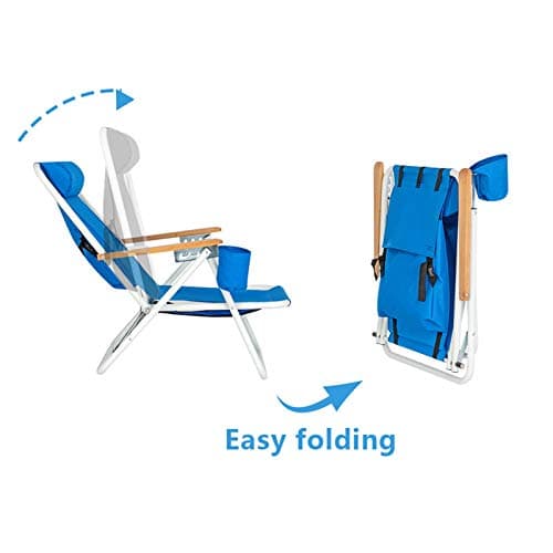 Generic Folding Beach Chair Camping Chair, Modern Style, Blue, Solid, Four Reclining Positions, Travel-Friendly Design, Plush Headrest, Wooden Armrests, Built to Last, Supports Up to 265 lbs