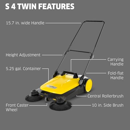 Kärcher Walk Behind Outdoor Push Sweeper S 4 Twin for Workshops, Warehouses or Garages - 5X Faster Than a Push Broom, 5.25 Gallon Capacity, 26.8" Sweeping Width