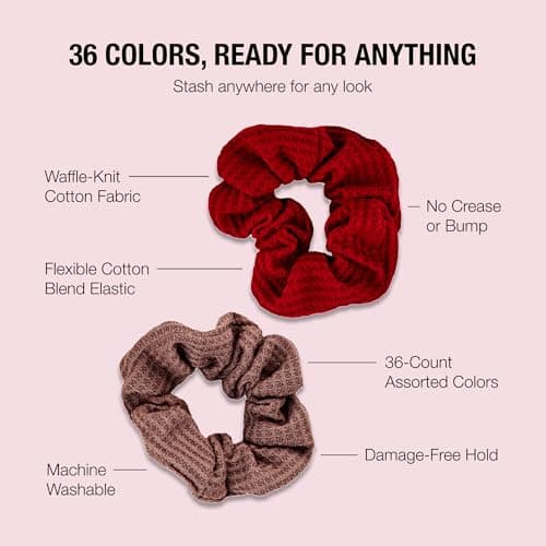 Machine-washable cotton-blend elastic hair ties for comfortable daily wear, wide assortment of colors to suit any look Scünci Hair Scrunchies, Waffle Knit Cotton, No-Damage, 36 Count B07S3KGBHL