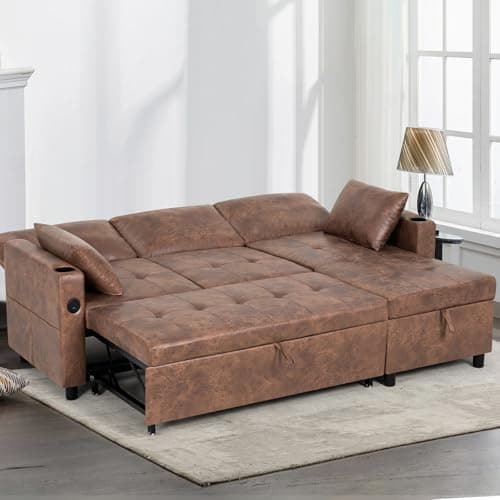 Lesofair 84" L-Shape Pull Out Sofa Bed with Adjustable Backrest, Upholstered Sectional Sleeper Sofa with Storage Chaise, Suede Leather Reversible Couch Bed with USB Port for Living Room, House, Brown