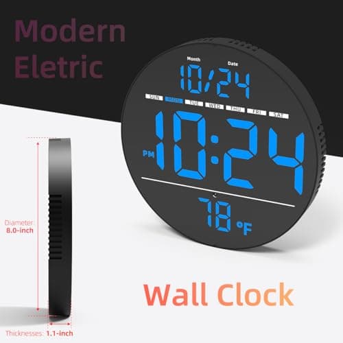 Digital Wall Clock with Large LED Display, Date, Temperature, Auto-Brightness | Small [PLUG-IN] Clock | Modern Electric Wall Clock for Bedroom, Classroom, Living Room, Home, Office, Farmhouse - Blue