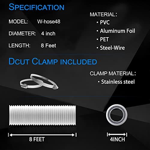 TEAIERXY 4 Inch 8ft Dryer Vent Hose, Flexible Insulated Air Ducting,Vent Hose PVC Aluminum Foil with 2 Clamps for HVAC Ventilation(White)