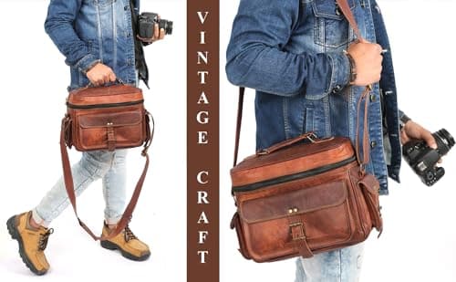 Leather Messenger Bag for Camera - Vintage Shoulder Satchel Camera Bag for DSLR, Canon, Nikon, Fuji Cameras - Travel, Portable Photography Bag