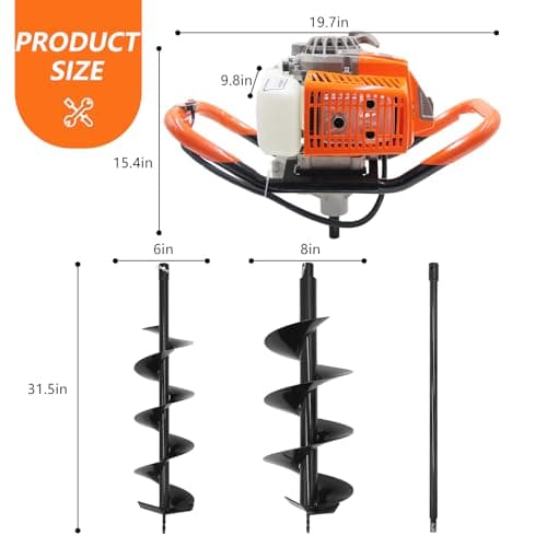 72CC Auger Post Hole Digger, 2 Stroke Gas Powered Earth Post Hole Digger with 2 Auger Drill Bits(6" & 8") + 1 Extension Rods for Farm Garden Plant, Orange (72CC)