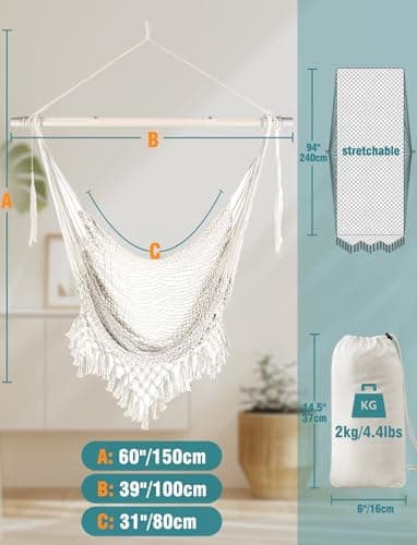 Chihee Hammock Chair Handmade Hanging Chair Cotton Rope Woven Hanging Seat Soft-Spun Large Stretch Hammock Swing, Collapsible Strong Metal Spreader Bar Elegant Macrame Comfort Indoor Outdoor Garden