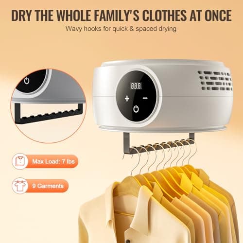 VEVOR Portable Clothes Dryer with Dryer Bag, PTC Heating & LED Display, Foldable Mini Dryer with 5-H Timer for Apartments, Dorms, RVs, or Hotels, 600W, Beige