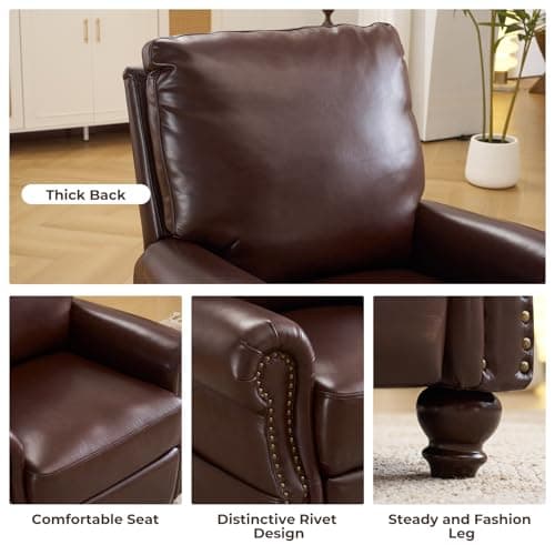 Pushback Recliner Chair with Massage and Heat, Breathable Leather Recliner Chair with Overstuffed Backrest, Recliner with Rivet Decoration, Single Sofa Accent Chair for Living Room, Brown