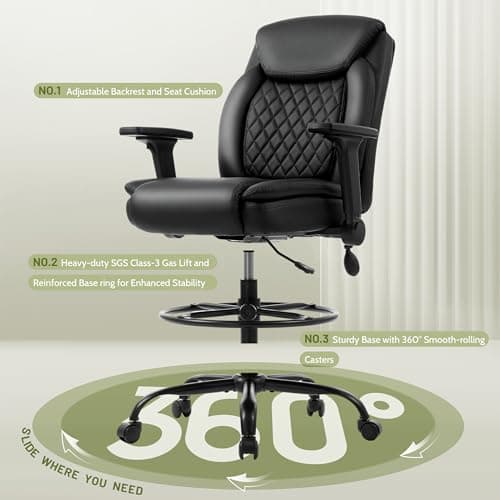 Drafting Chair,Executive Tall Office Chair Flip-up Armrests for Counter Height Desk Drawing Use,High Task Chair with Adjustable Foot Ring & Inflatable Lumbar Support, Swivel Computer Stool,PU Black