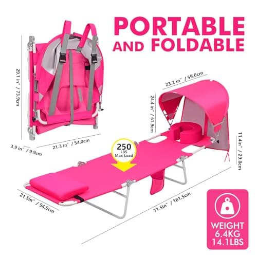 Backpack Beach Tanning Lounge Chair with Canopy Shade Face Hole Padded Adjustable Washable, 6 Position Layout Chair for Outside Sunbathing Poolside Lawn, UPF 50+ Wind-Resistant Sun Shade, Patented