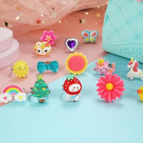 PinkSheep Little Girl Jewel Rings in Box, Adjustable, No Duplication, Girl Pretend Play and Dress Up Rings (24 Lovely Ring)