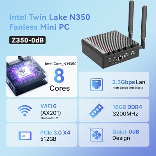 MINIX Fanless Mini PC Windows 11 Pro, Intel i3-N350, NEO Z350-0dB 16GB DDR4 512GB M.2 PCIe Gen3 x 4 SSD Micro Desktop Computer, 4K Dual Display/2.5G LAN, for Business Home Office Multi-Tasking