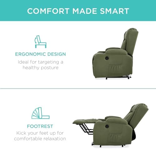 Best Choice Products PU Leather Electric Power Lift Chair, Recliner Massage Chair, Adjustable Furniture for Back, Legs w/ 3 Positions, USB Port, Heat, Cupholders, Easy-to-Reach Side Button - Olive