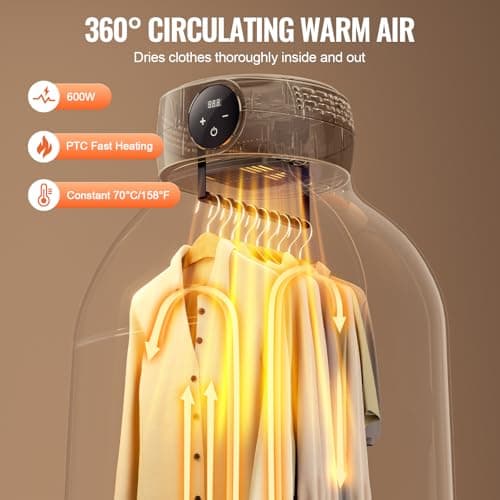 VEVOR Portable Clothes Dryer with Dryer Bag, PTC Heating & LED Display, Foldable Mini Dryer with 5-H Timer for Apartments, Dorms, RVs, or Hotels, 600W, Beige