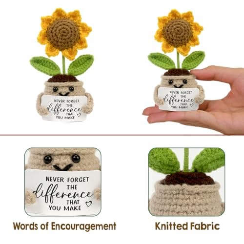 Mini Positive Crochet Sunflower, Cute Cheer Up Gifts for Women, Crochet Plant with Optimistic Card for Nurse Teacher Boss, Thank You Gifts for Friends, Coworker and Sunflower Decor