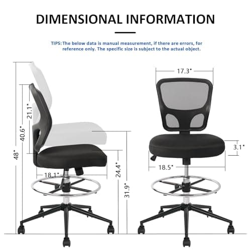 Armless Drafting Chair Tall Office Chair Adjustable Height High Back Ergonomic Desk Chair Drafting Stool Rolling Bar Stools Chairs with Footrest and Wheels