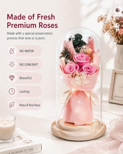 HVY Preserved Flowers Gifts for Her,Preserved Rose Bouquet in Glass Dome,Forever Flowers Fresh Bouquet Present for Women Mothers Day Birthday Gifts for Mom Wife Grandma,Pink Real Rose B0CQKXRQWD