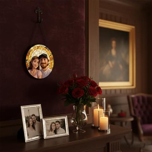 Personalized Couple Glass Cartoon Portrait Suncatcher, Custom Photo Art Window Hanging, Stained Glass Style Gift for Couples, Anniversary Wedding Gift for Valentine