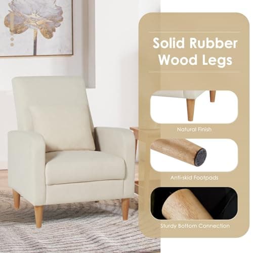 COLAMY Mid-Century Modern Upholstered Accent Chair with Back Pillow & Solid Wood Legs, Fabric Cozy Armchair for Living Room, Bedroom, Reading Nook, Apartment & Small Spaces, Beige