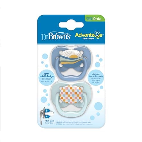Dr. Brown's Advantage Baby Pacifier, Fully Symmetrical Soother with Soft Silicone Bulb, Blue Sunrise, 0-6m, BPA Free, 2 Pack