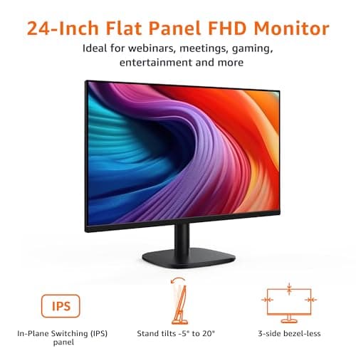 Amazon Basics 24 Inch (23.8 inch viewable) Monitor, FHD 1080P, Max 100Hz, VESA Compatible, Built-in Speakers, Black