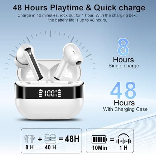 Wireless Earbuds, Bluetooth 5.4 Headphones HiFi Stereo, Bluetooth Earbuds with 4 ENC Mics, 48H Playtime Ear buds with LED Display Charging Case, IP7 Waterproof In Ear Earphones for Android iOS White