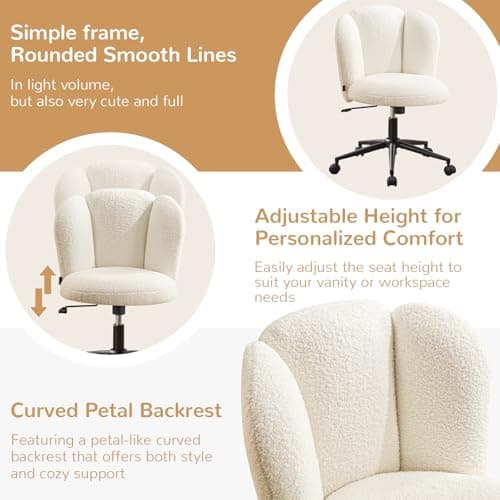 Furniliving Velvet Vanity Chair with Wheels, Adjustable Height Swivel Desk Chair& Lumbar Support, Armless Upholstered Makeup Chair for Bedroom Home Office Study Room (White, Flower)