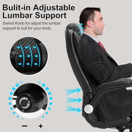 Big and Tall Ergonomic Office Chair, Executive Office Chair with Flip-up Arms, PU Leather Computer Desk Chair, Adjustable Lumbar Support Heavy Duty Space Saving Swivel Chair