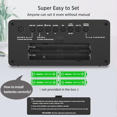 Peakeep Battery Operated Digital Clock, Alarm Clock for Bedrooms - Cordless Large Big Numbers 4 Dimmers for Seniors, Adjustable Volume Loud Alarm Clock for Heavy Sleepers Adults (Red Digits)