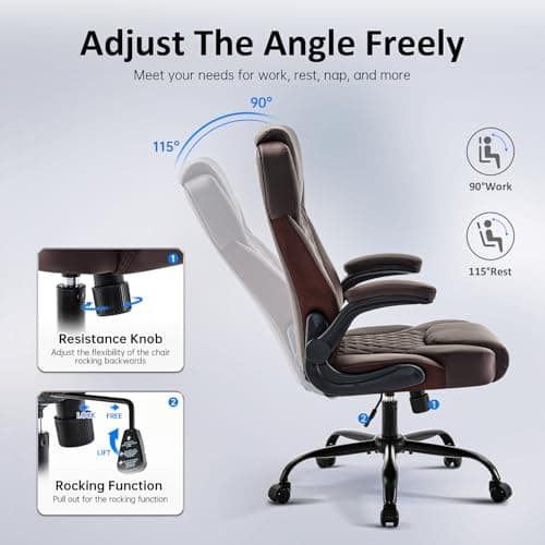 amseatec Office Chair, Executive PU Leather Chair, Ergonomic Computer Desk Chair with Lumbar Support and Adjustable Flip-Up Arms, Rocking Task Chair (Brow