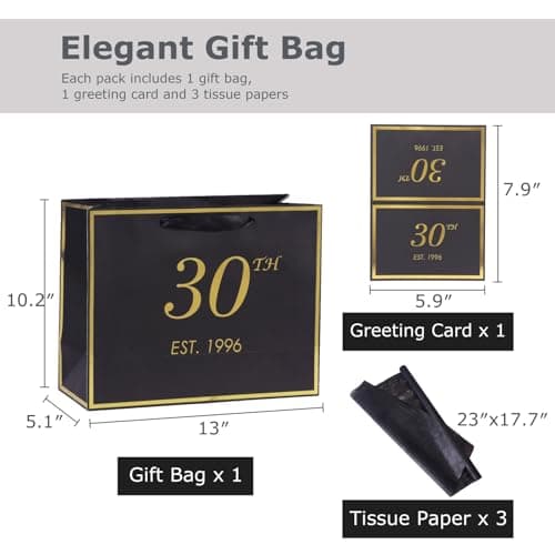 30th Birthday Gift Bag with Card and Tissue Paper for Men Women Him, 1996 30 Year Old 13" Elegant Black Gold Anniversary Keepsake Party Present Shopping Paper Bags for Gifts Wrapping (1996 30th) B0DLX3WCH7