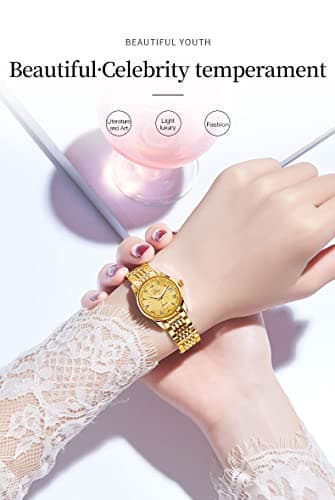 OLEVS Womens Automatic Watches Gold Classic Diamond Ladies Self Winding Mechanical Two Tone Stainless Steel Wrist Watch Date