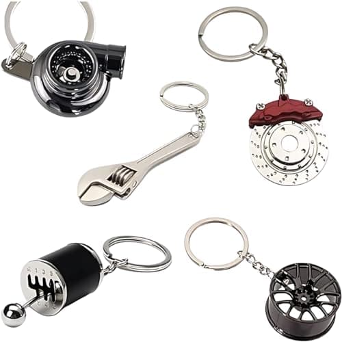 5pc Car Lovers Key Chain Set - Manual Gear Shifter | Wheel Rim | Spanner | Turbo | Brake Disc Keychain | Auto Enthusiast Gift Set | Car Truck Bike | Parts Keyring B0BZ8L2BS2