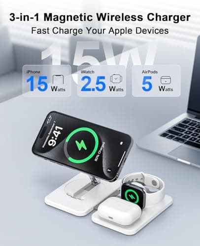 3 in 1 Magnetic Wireless Charger for Apple Multiple Devices, Foldable Fast Charging Station - Magsafe Charger Stand, Travel Charger Pad for iPhone 17 16 15 14 13 12 Series/Apple Watch/AirPods Pro