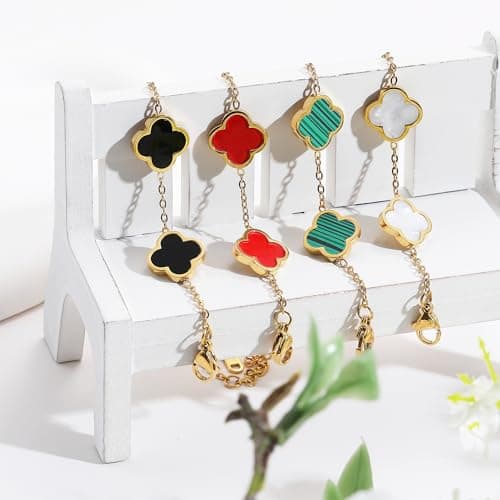 18K Gold Plated Clover Lucky Bracelet for Women White/Black/Red/Green Flower Four Leaf Link Bracelets Trendy Jewelry Gifts for Women
