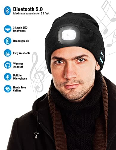 Bluetooth Hat with Light Cordless Headphones, USB Rechargeable, Hands-Free Headlamp For Dog Walking, Running, Outdoor Work Wmcaps Bluetooth Beanie with LED Light and Headphones, Christmas Tech Gifts B09DJVT3W3