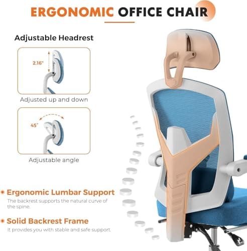 Sweetcrispy Office Computer Desk Chair with Footrest,Ergonomic High-Back Mesh Rolling Work Swivel Chairs with Wheels,Comfortable Lumbar Support,Comfy Arms for Home,Bedroom,Study,Student,Light Blue