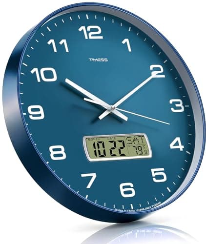 TIMESS Wall Clock, 12" Dial Non-Ticking Silent Battery Operated Analog with LCD Display for Perpetual Calendar and F° Temperature, Ideal Modern Home, Bedroom, Kitchen, Office Decor (Blue)