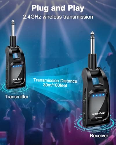 Wireless Guitar System 2.4 GHz with 6 Channels Rechargeable Audio Wireless Guitar Transmitter Receiver for Bass Electric Instruments