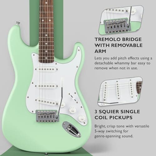 Fender Squier Stratocaster Electric Guitar - Surf Green Bundle with Amplifier, Gig Bag, Cable, Strap, Picks, and Austin Bazaar Instructional Video