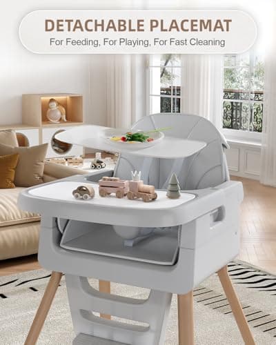 Baby High Chair for 6 Months+, Foldable High Chairs for Babies and Toddlers, Convertible High Chair, Adjustable Tray & Footrest, Portable High Chair & Easy to Clean(Grey with Wood Grain)