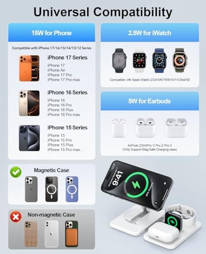 3 in 1 Magnetic Wireless Charger for Apple Multiple Devices, Foldable Fast Charging Station - Magsafe Charger Stand, Travel Charger Pad for iPhone 17 16 15 14 13 12 Series/Apple Watch/AirPods Pro
