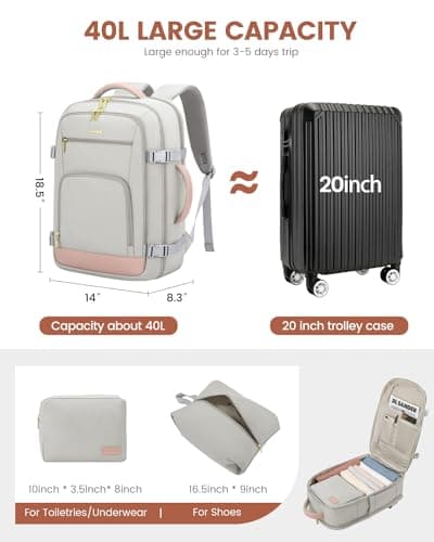 LOVEVOOK Travel Backpack For Women, 40L Carry On Backpack Flight Approved, TSA Personal Item Travel Bag Fits 17 Inch Laptop, Business Weekender Overnight Waterproof Daypack With 2 Cubes, Grey-Pink