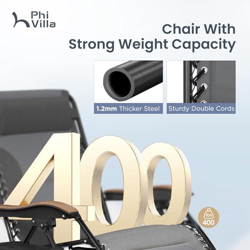 PHI VILLA XXL Oversized Padded Zero Gravity Chair, Foldable Patio Recliner, 30" Wide Seat Anti Gravity Lounger with Cup Holder, Support 400 LBS (Light Gray)