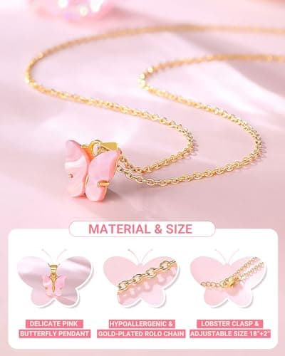 UNGENT THEM Pink Butterfly Necklace-Birthday Gifts for 5-11 Year Old Girl B0DZ6LL4Z9