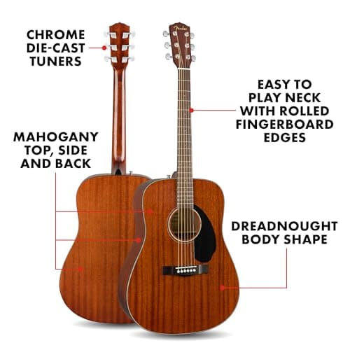 Fender Acoustic Guitar, CD-60S, with 2-Year Warranty, Dreadnought Classic Design with Rounded Walnut Fingerboard, Glossed Finish, All-Mahogany Construction